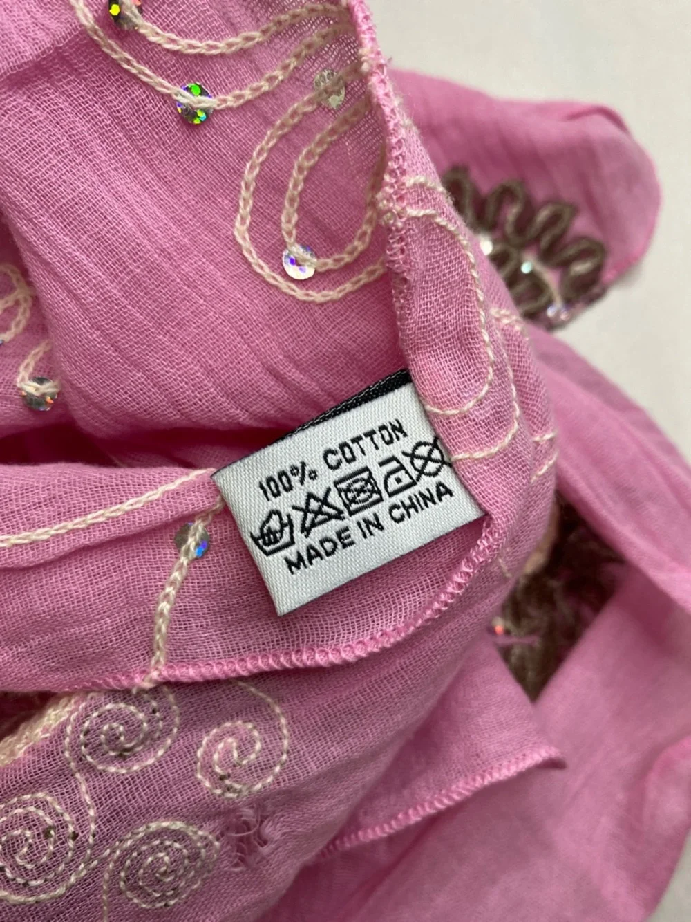 Vintage Y2K Boho Tickled Pink Embroidered Sequin 100% Cotton Scarf 66”X 15”